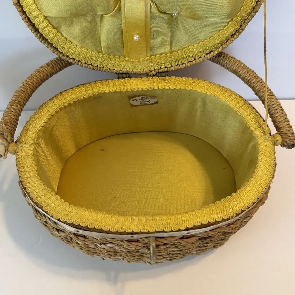 Dritz Sewing Basket Oval Woven Wicker Scovill Yellow Interior w Handle Vintage